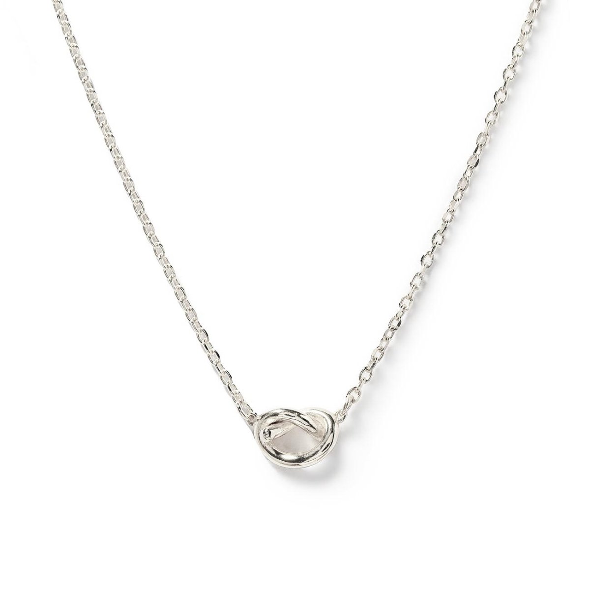 Sterling silver love knot necklace with a small knot pendant, on a white background