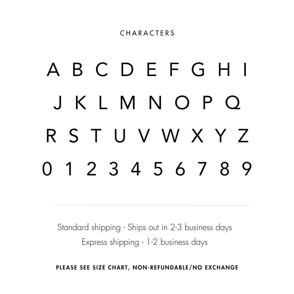 Engraving character options chart of letters and numbers for the thin signet ring, on a white background