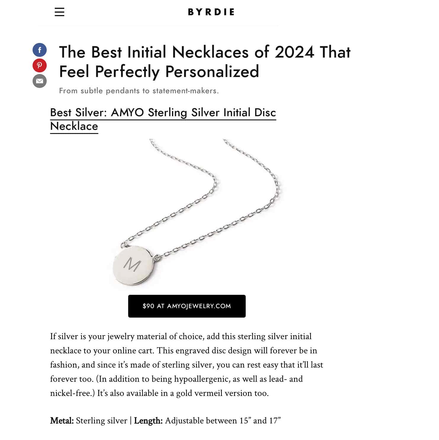 Initial disc necklace engraved with an initial, featured in a Byrdie press article screenshot