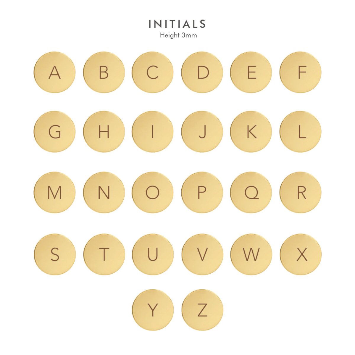 Gold vermeil initial disc font chart with each letter, 3mm height, on a white background