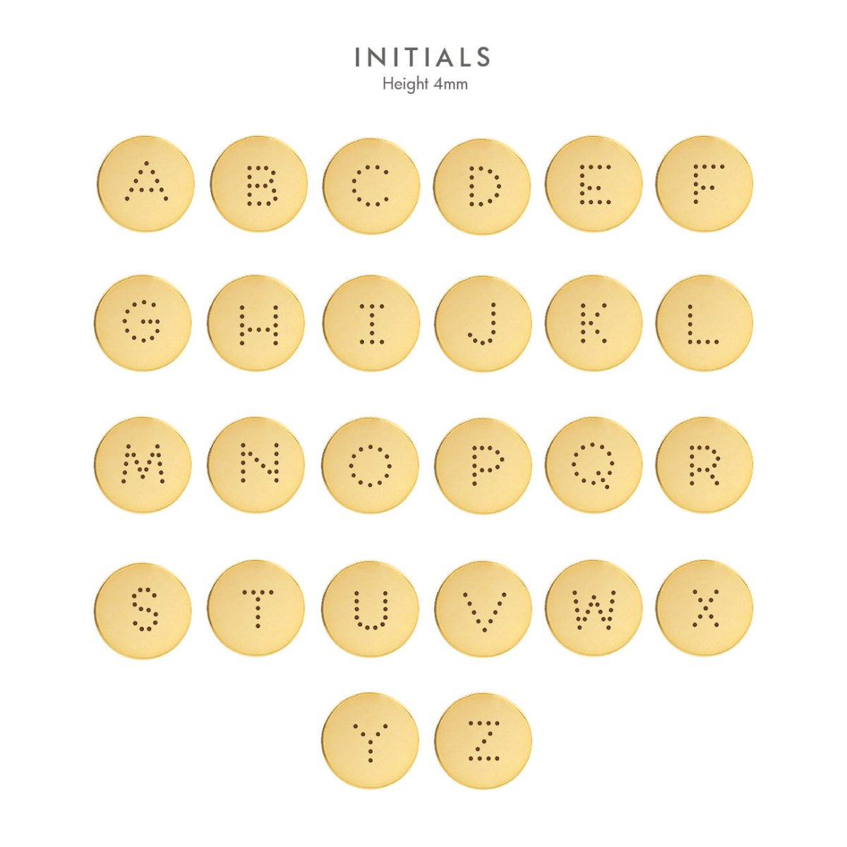 Gold initial reference chart showing the alphabet on round discs, 4mm height, on a white background