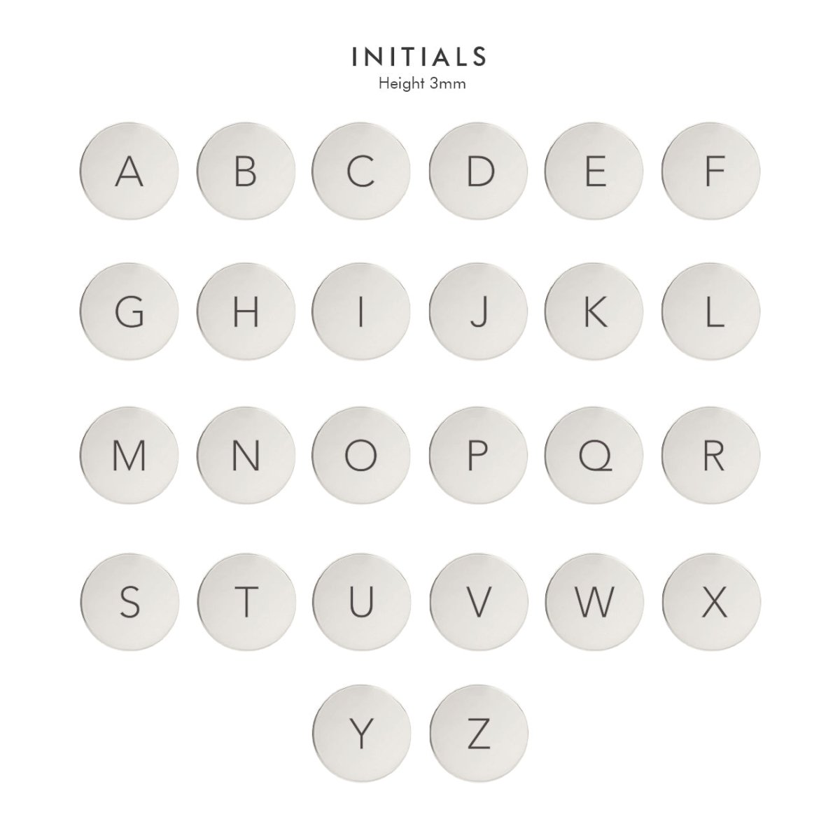 Sterling silver initial disc font chart with each letter, 3mm height, on a white background