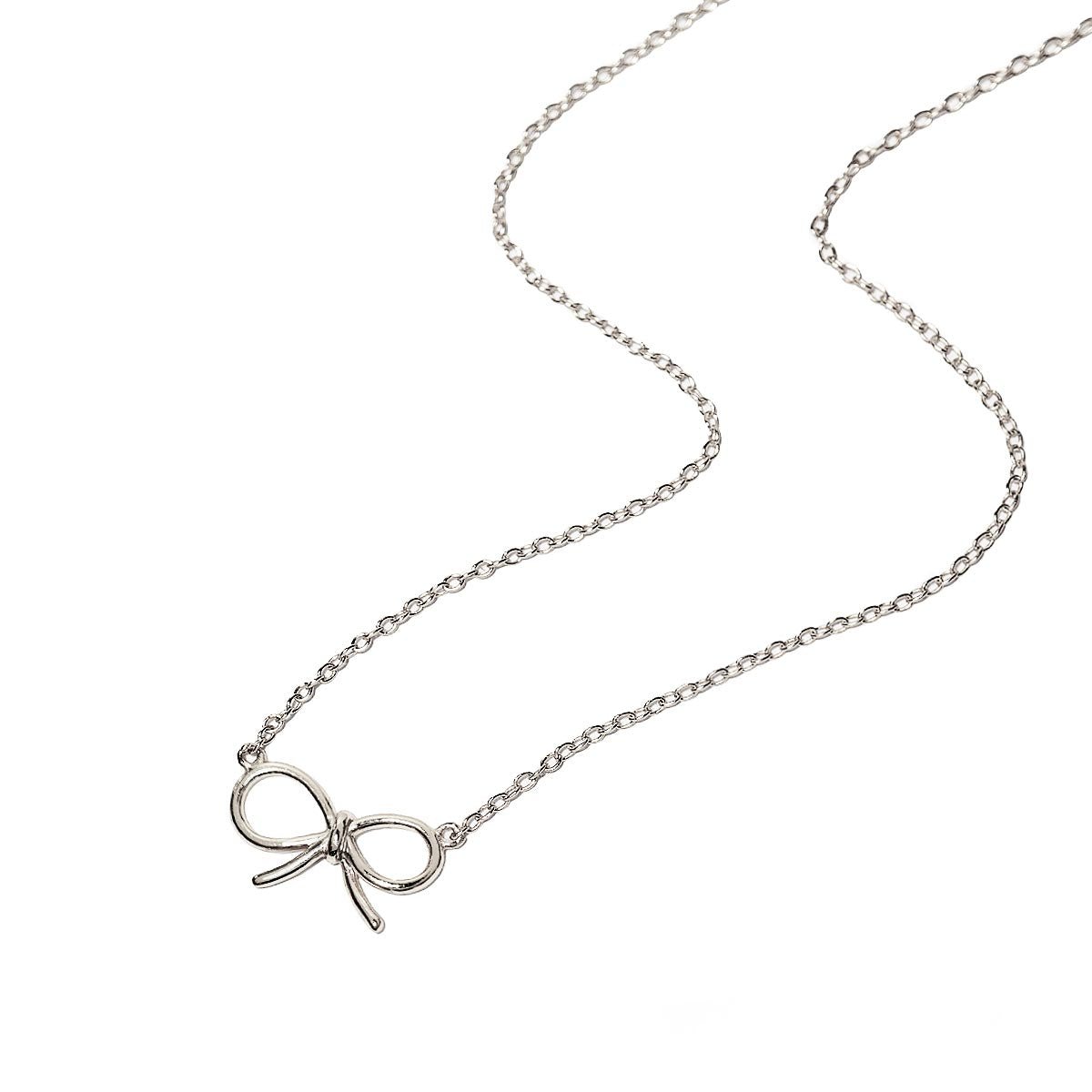 Sterling silver bow necklace on a thin cable chain, laid out on a white background