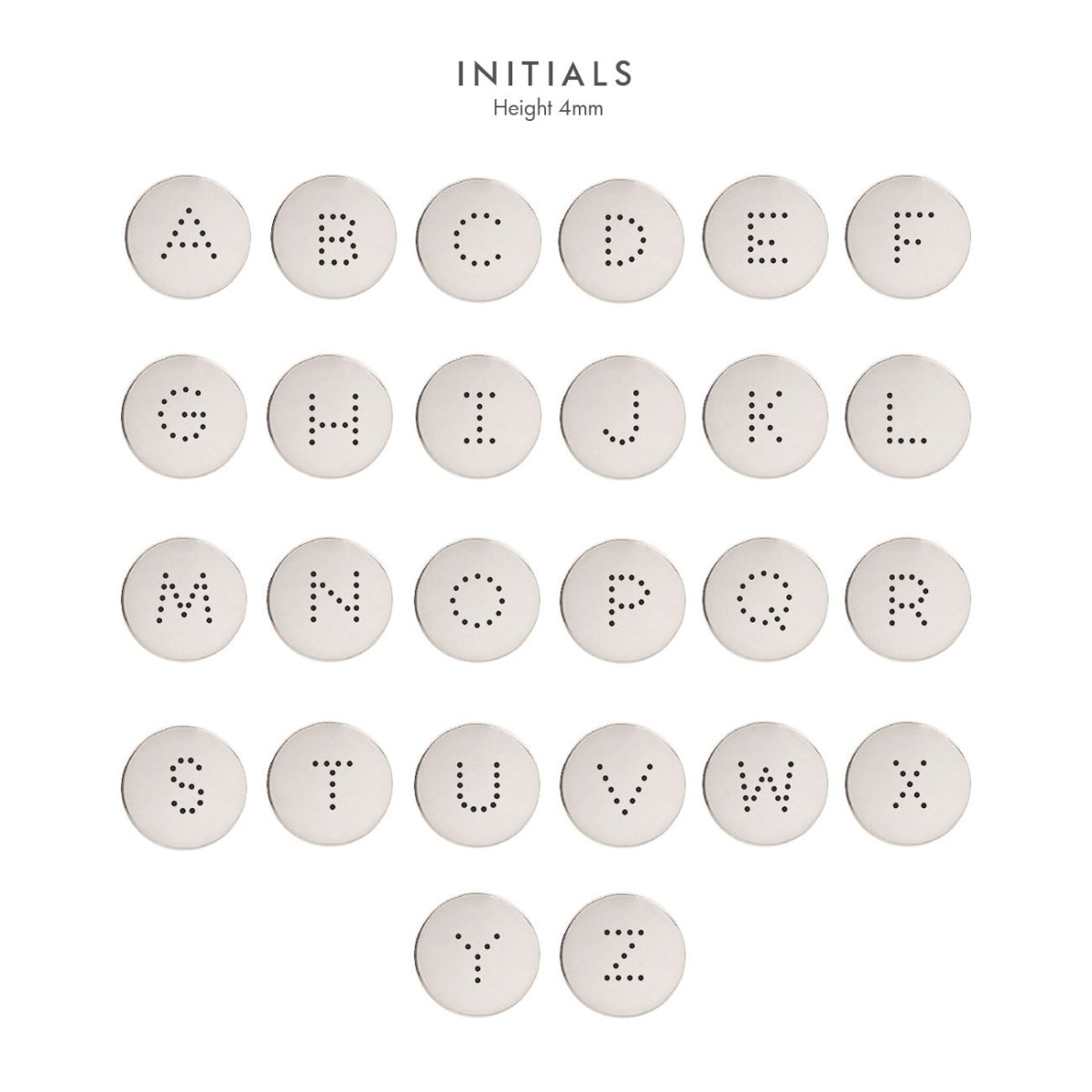 Silver initial reference chart showing the alphabet on round discs, 4mm height, on a white background