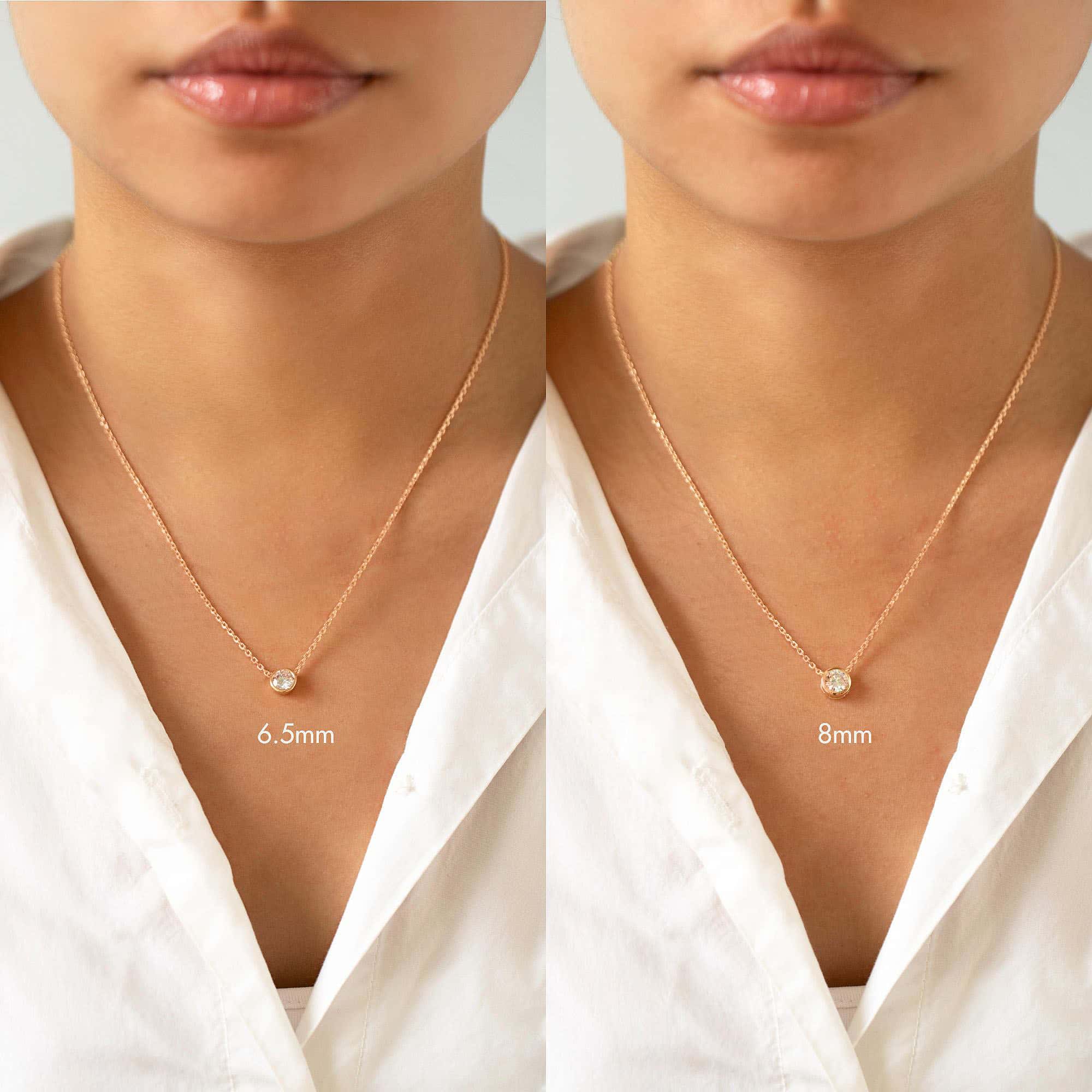 Rose gold vermeil round zirconia solitaire necklace shown at 6.5mm and 8mm on a model's neckline