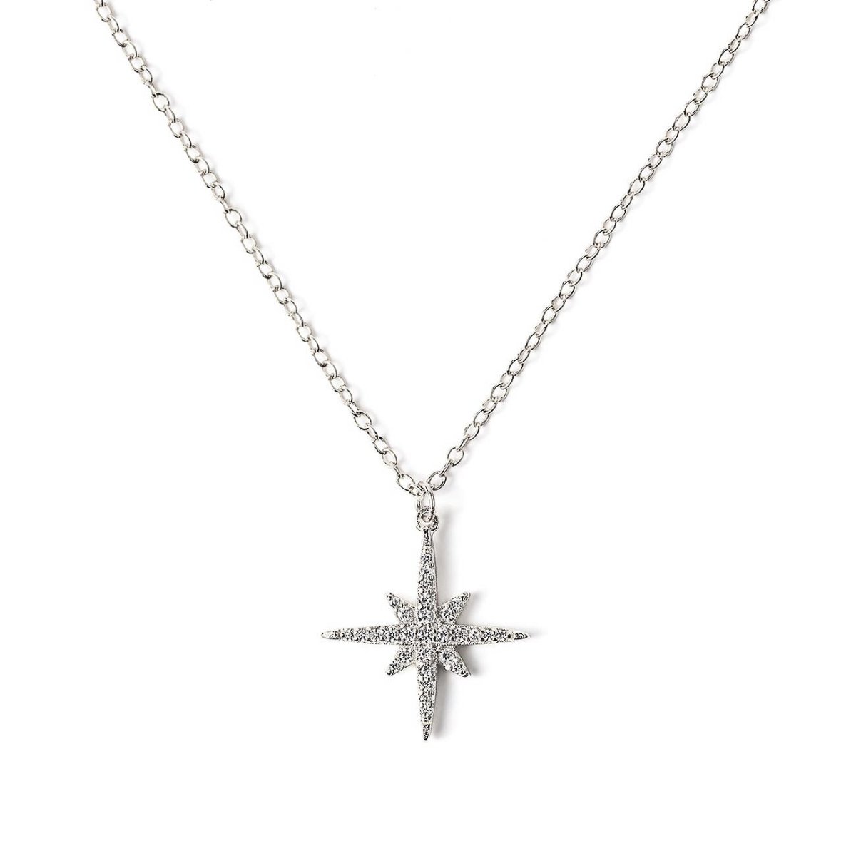 Sterling silver starburst pendant necklace paved with clear stones, on a fine chain on a white background