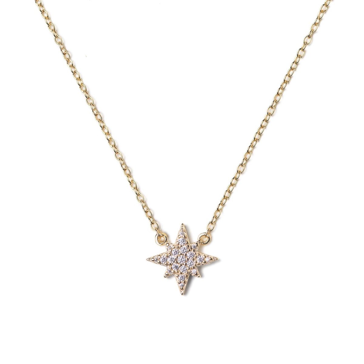 Gold vermeil starburst pendant necklace with white zirconia pave, on a white background