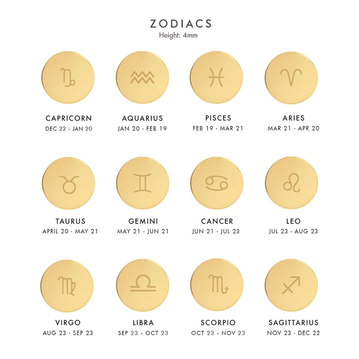 Gold vermeil zodiac disc symbol chart showing all 12 zodiac signs and dates, on a white background