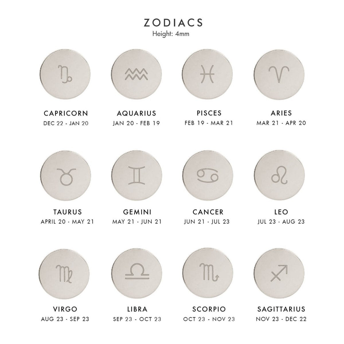 Sterling silver zodiac disc pendant, engraving sign options guide on a white background