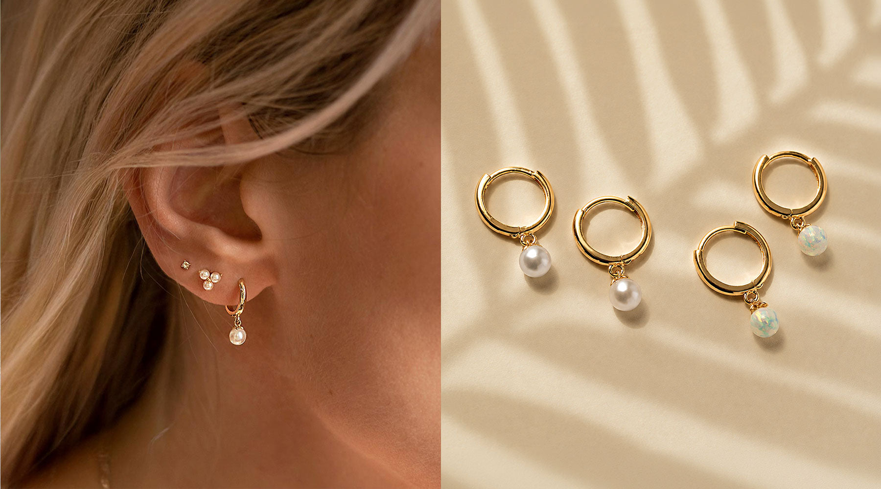 Ear wearing a gold huggie hoop with a drop beside two pairs off gold huggie hoops with drops.