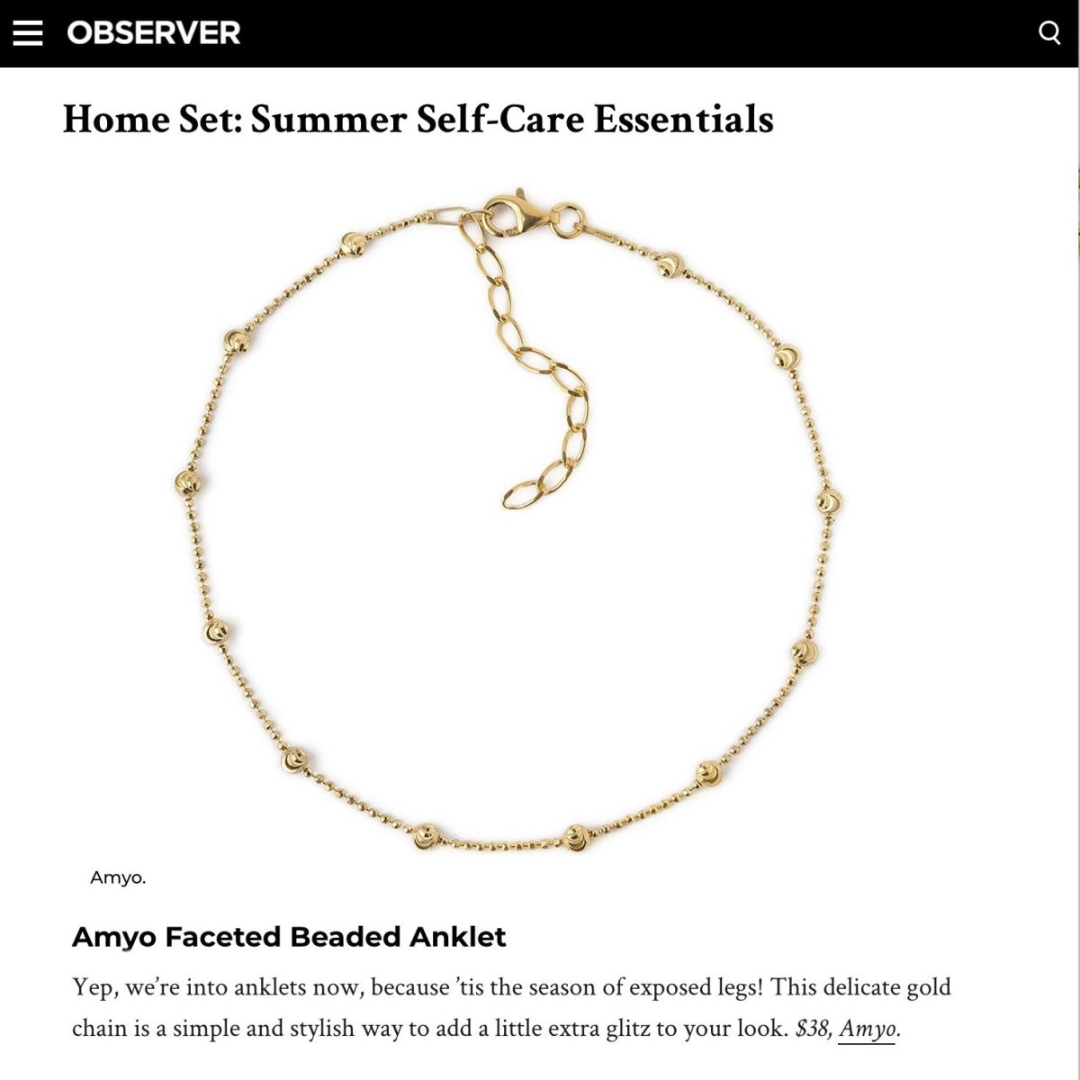 Gold vermeil faceted beaded anklet on a white background, shown in an Observer summer self-care feature