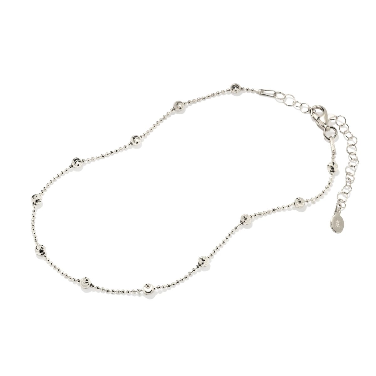 Sterling silver faceted beaded chain anklet with an extender and lobster clasp, on a white background