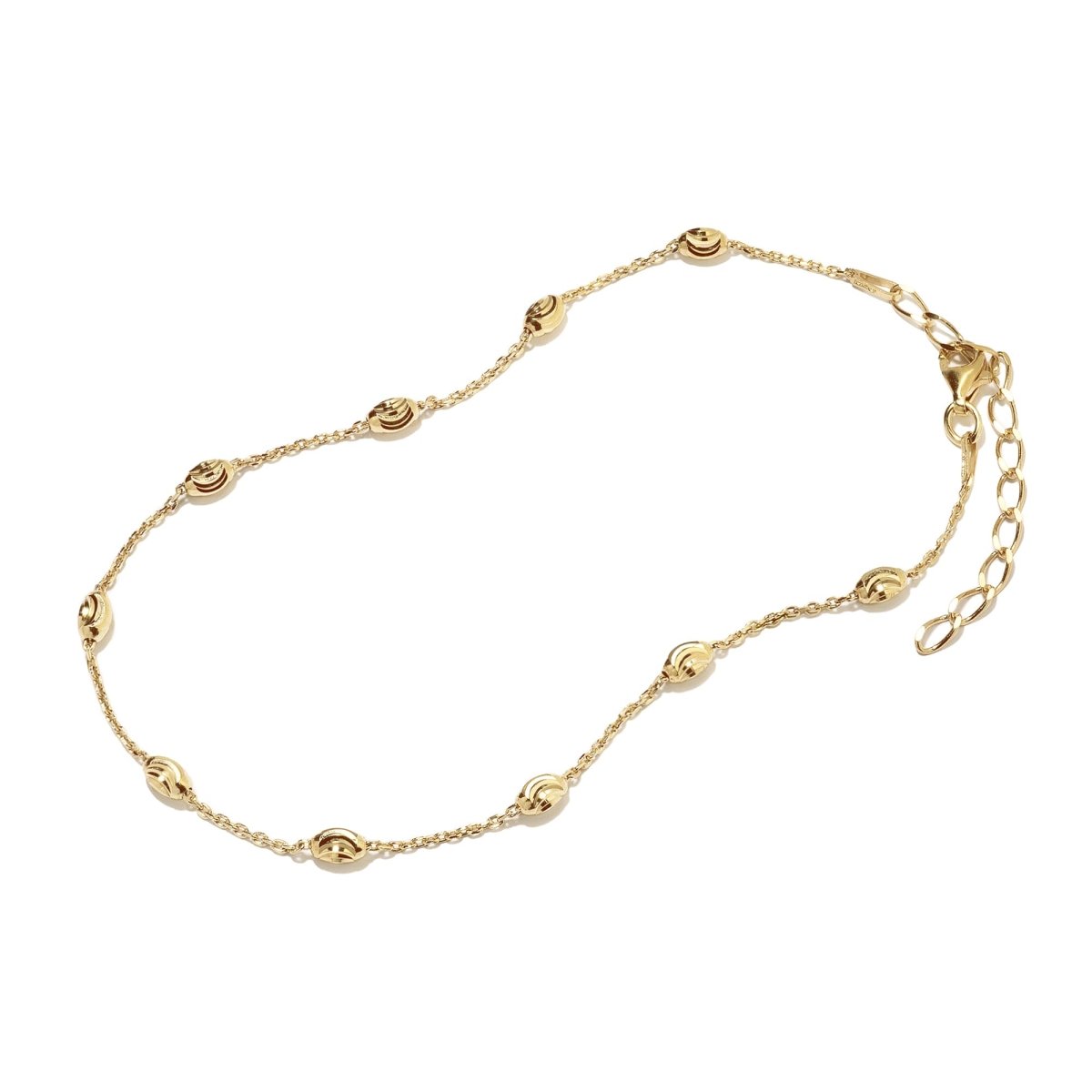 Gold vermeil faceted oval bead anklet with a lobster clasp, on a white background