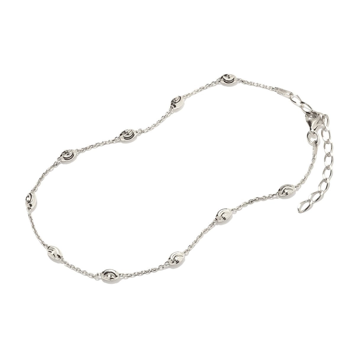 Sterling silver faceted oval bead anklet with a lobster clasp, on a white background