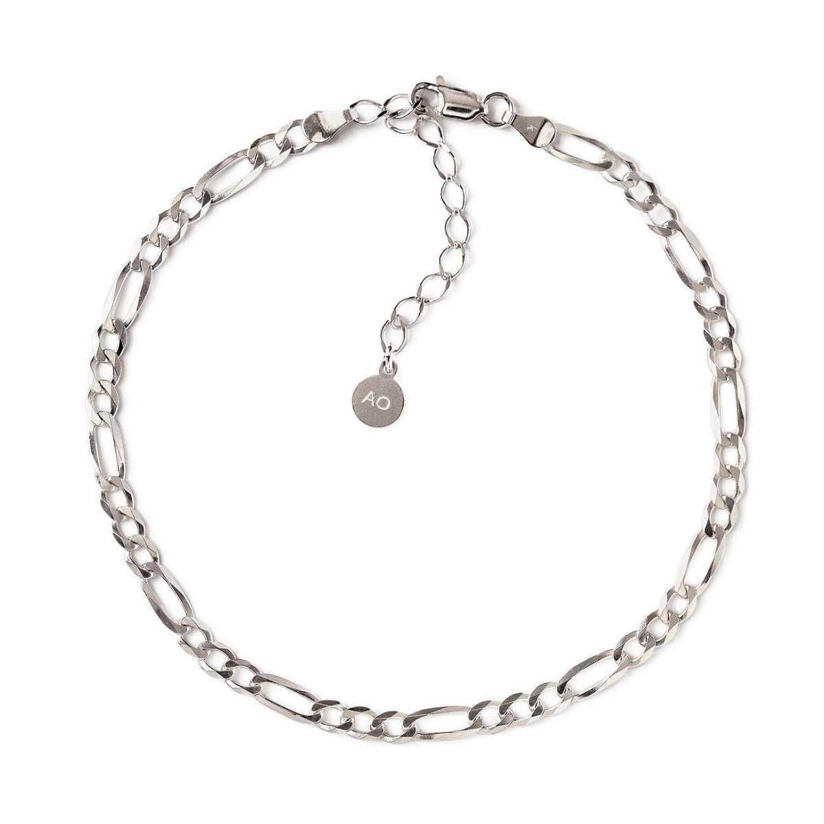 Sterling silver thick Figaro chain anklet with a lobster clasp and AO tag, on a white background
