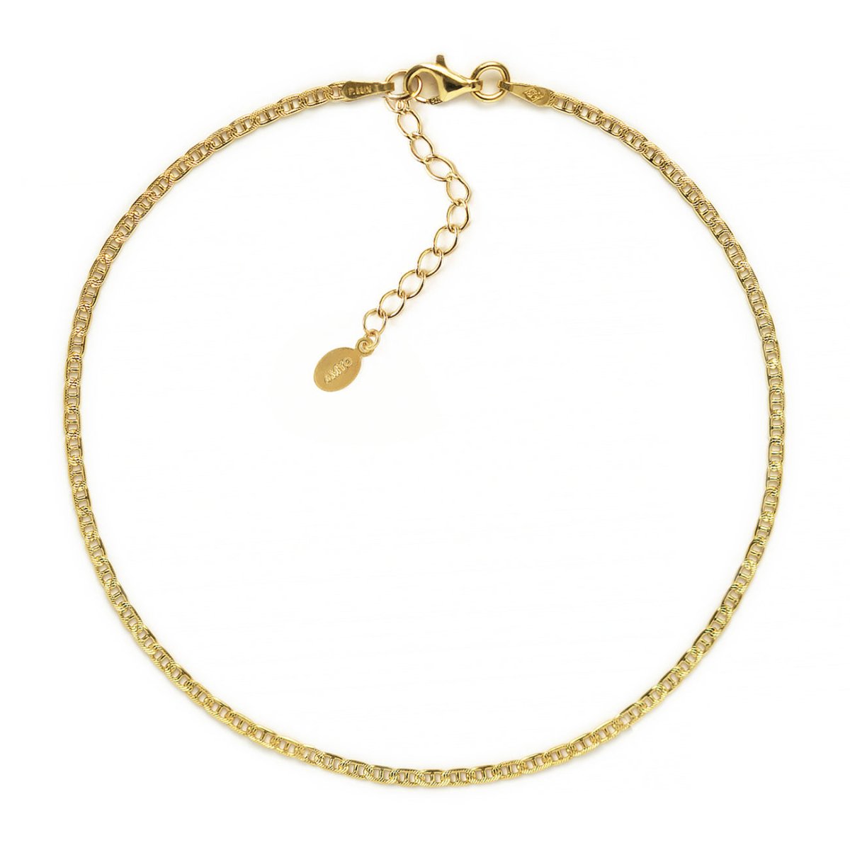 Gold vermeil flat Gucci link chain anklet with a lobster clasp and extender, on a white background