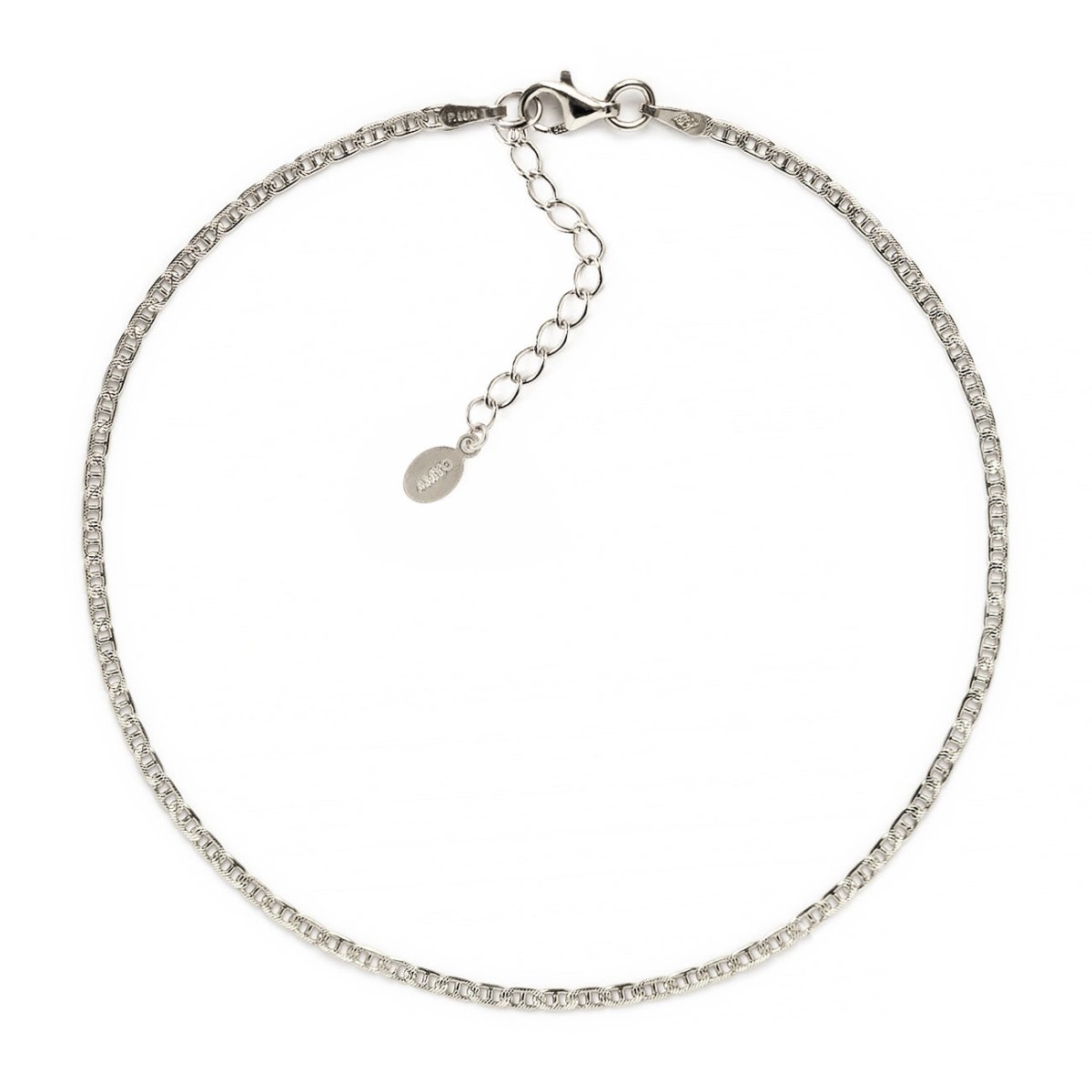 Sterling silver flat Gucci link chain anklet with a lobster clasp and extender, on a white background