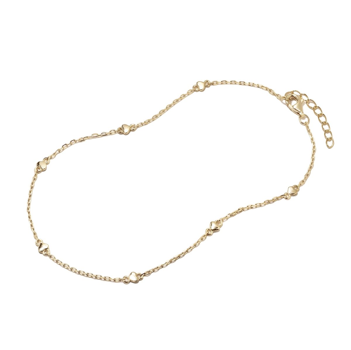 Gold vermeil heart-station chain anklet with a lobster clasp, on a white background
