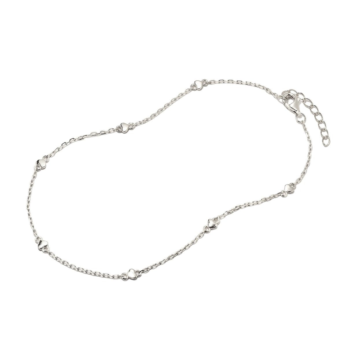 Sterling silver heart-station chain anklet with a lobster clasp, on a white background