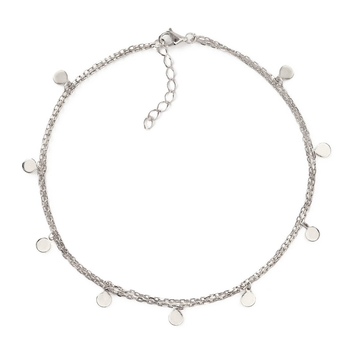 Sterling silver double-chain anklet with dangling round disc charms, on a white background