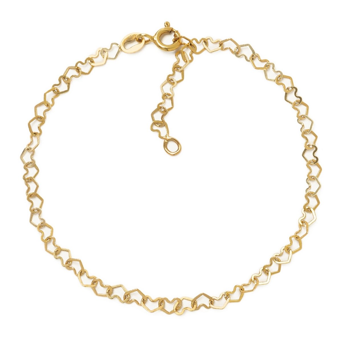 Gold-filled open-heart link chain anklet with a spring-ring clasp, laid flat on a white background