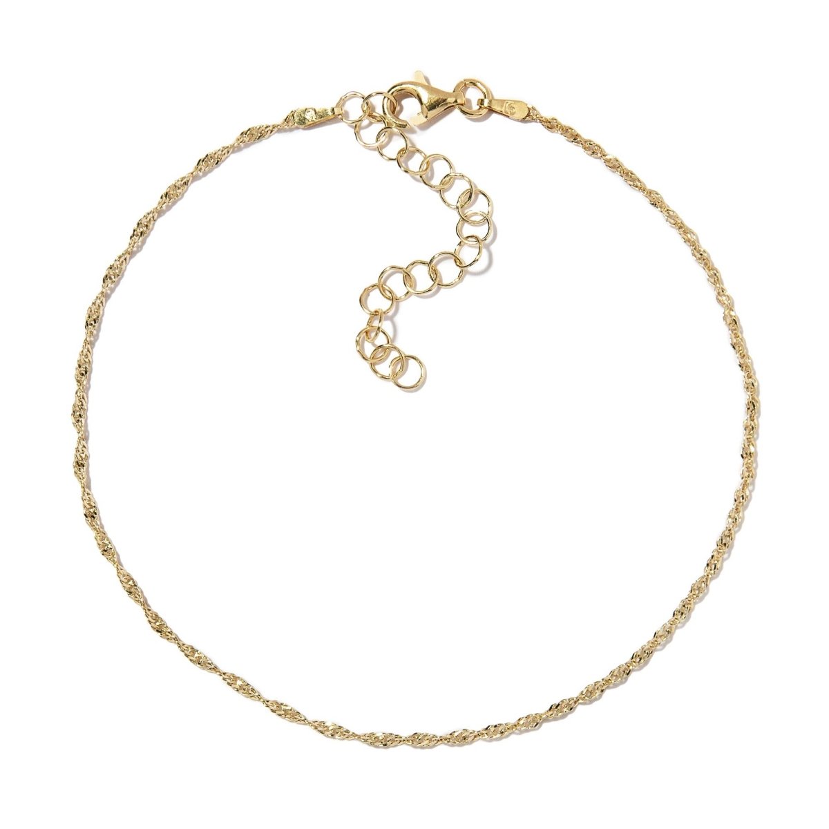 Gold vermeil dainty Singapore chain anklet with a lobster clasp and extender, on a white background