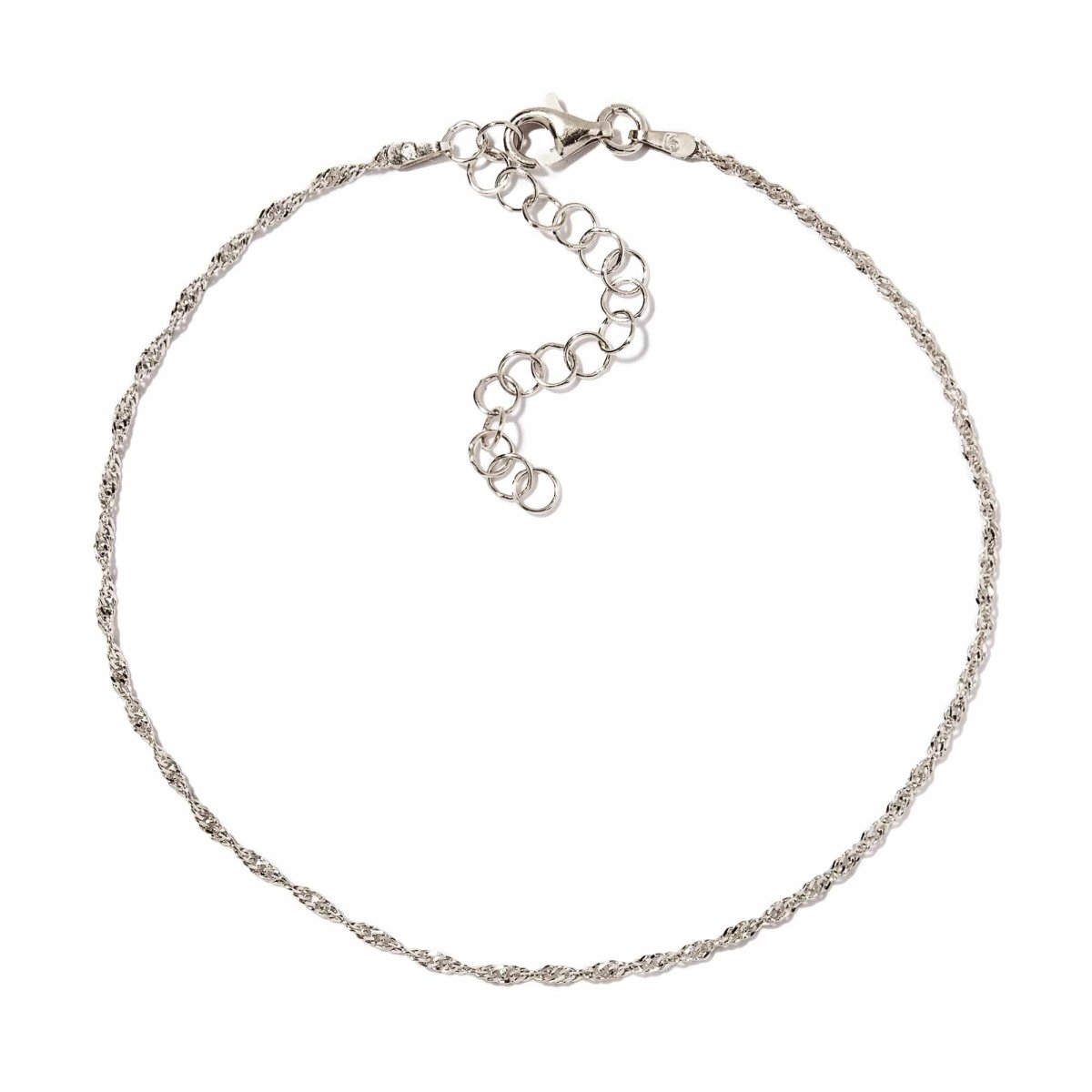 Sterling silver dainty Singapore chain anklet with a lobster clasp and extender, on a white background