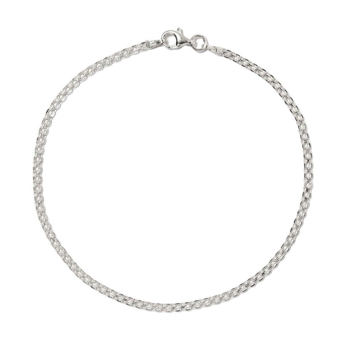 Sterling silver Bismark mesh chain anklet with a lobster clasp, on a white background