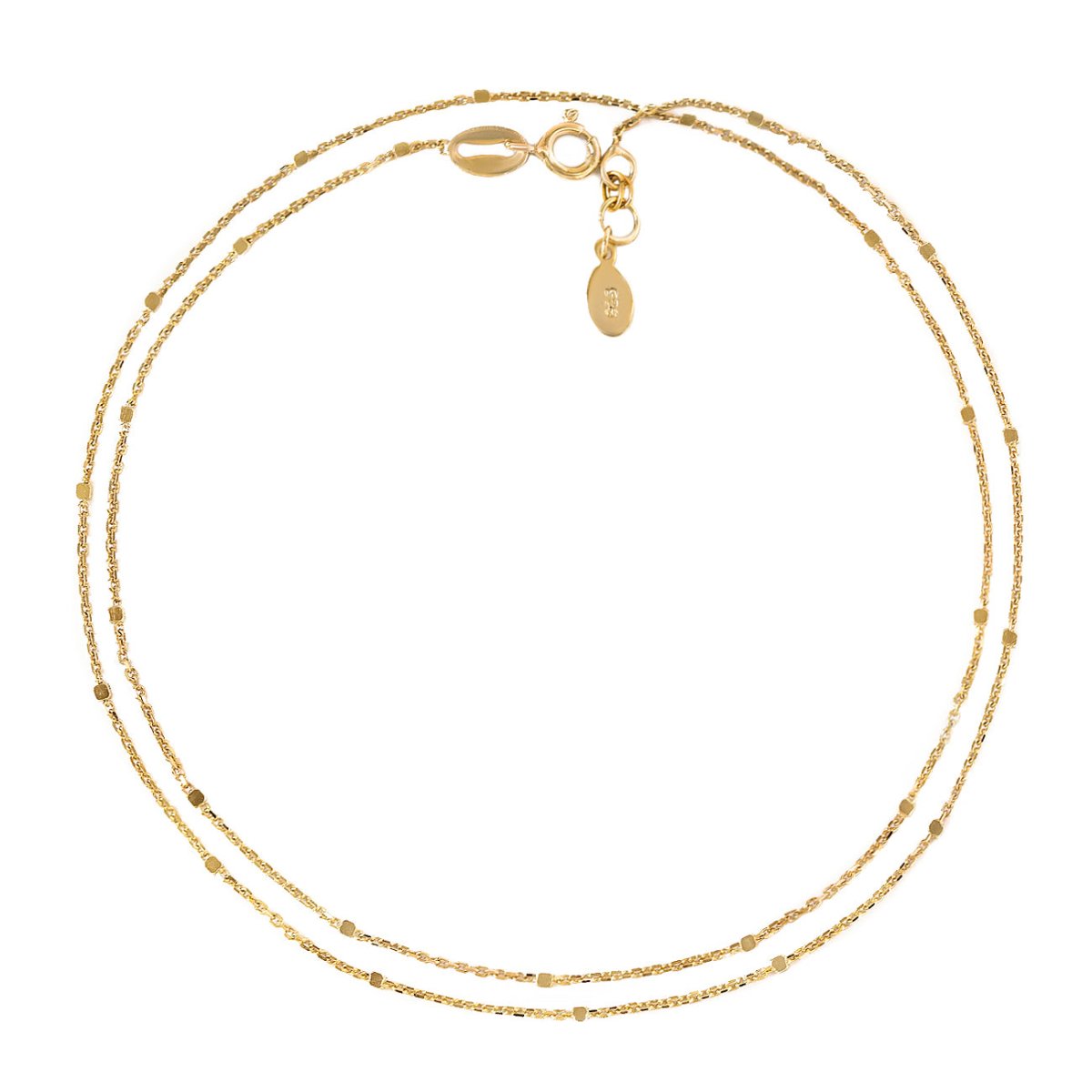 Gold vermeil double-row beaded anklet, shown stacked on a model's ankle