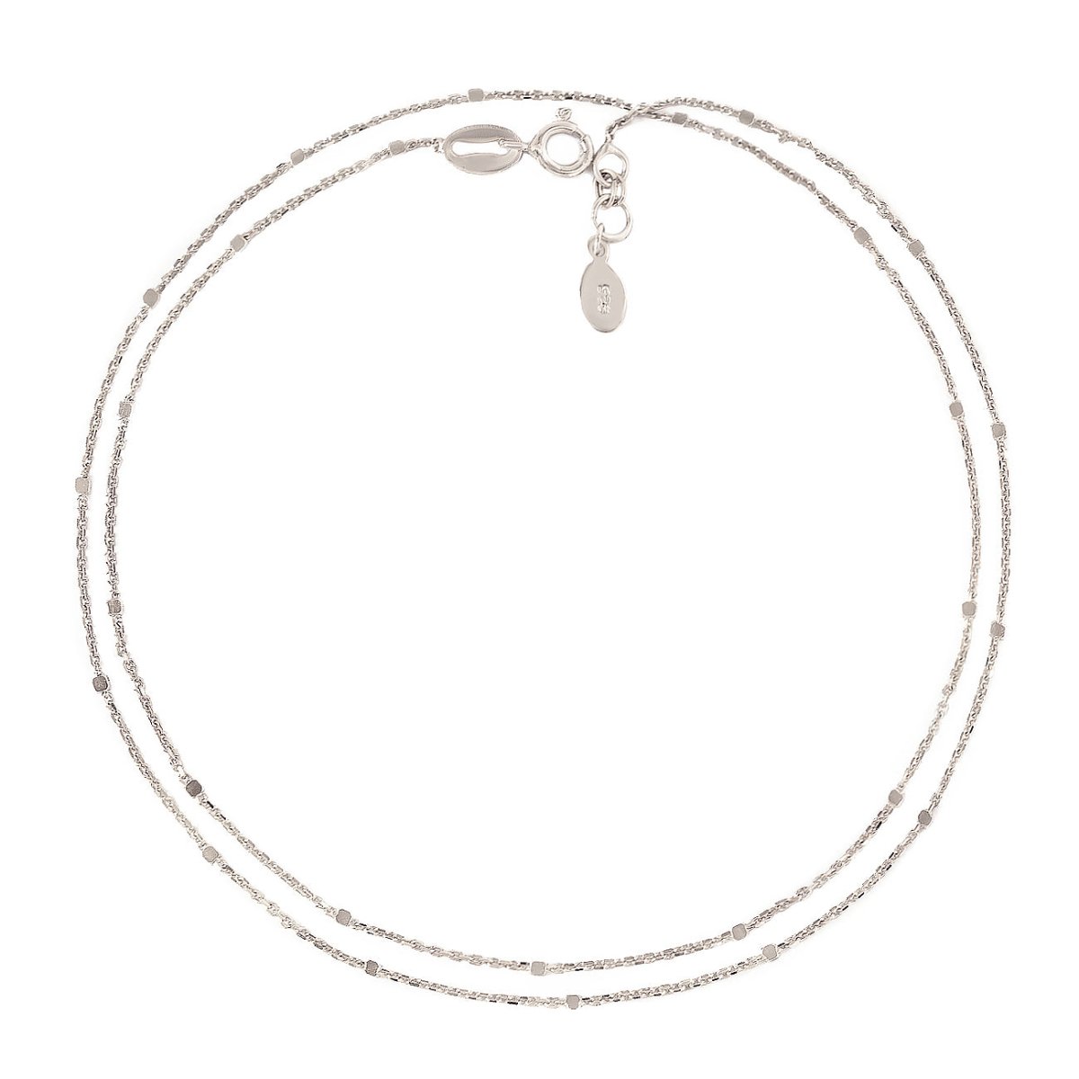 Sterling silver double-row beaded anklet, shown stacked on a model's ankle