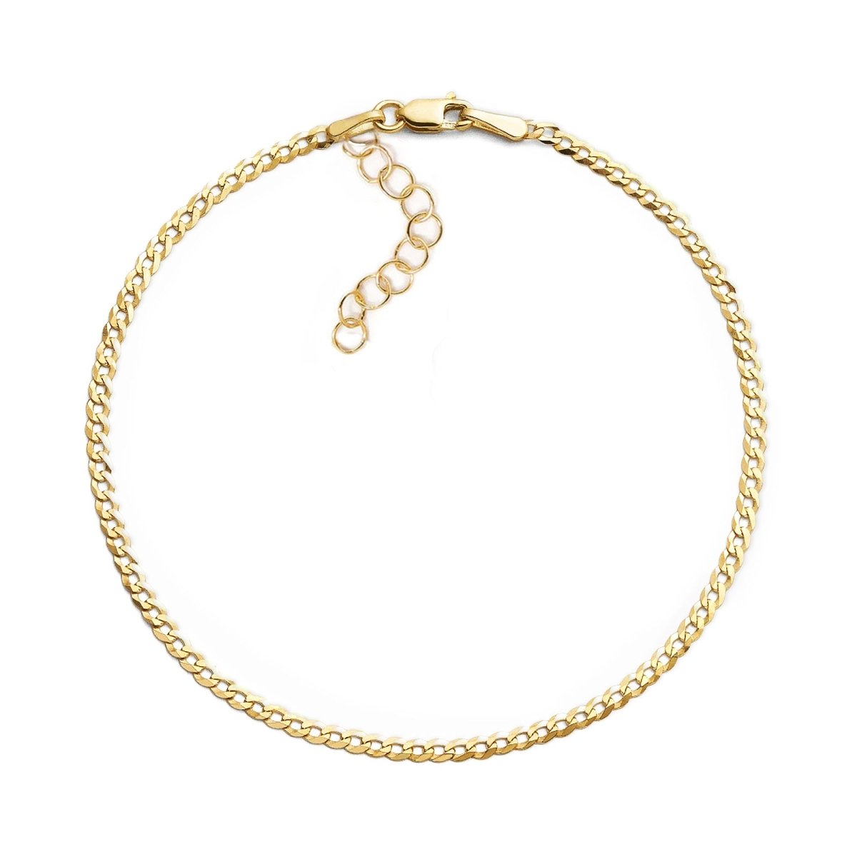 14K gold flat Cuban curb chain anklet with a lobster clasp and extender, on a white background