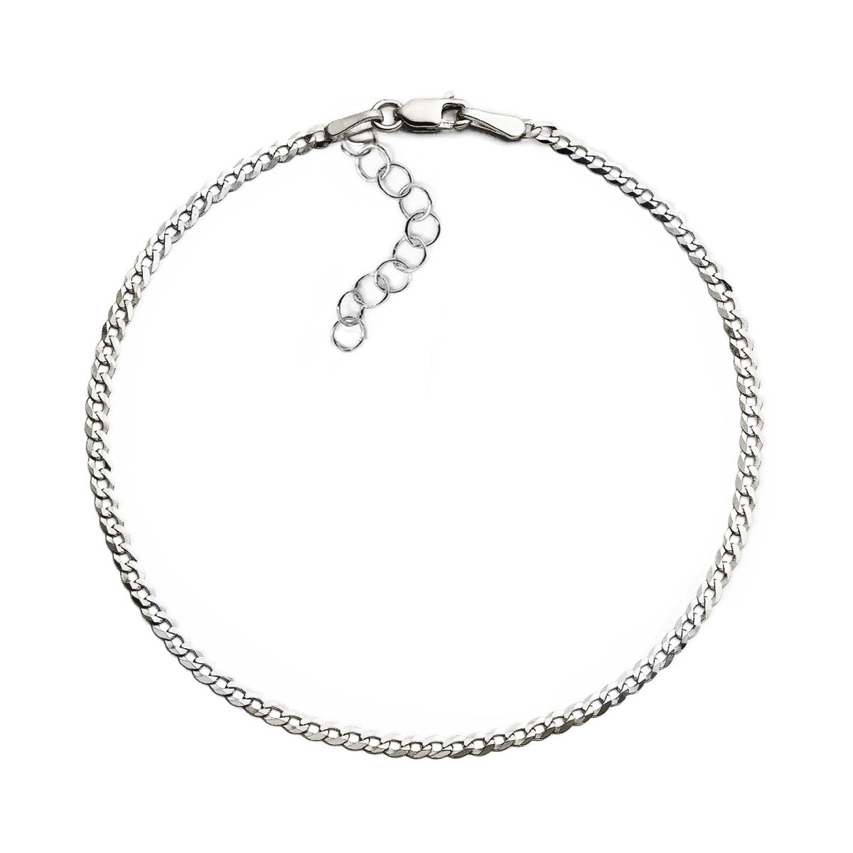 Sterling silver flat Cuban curb chain anklet with a lobster clasp and extender, on a white background