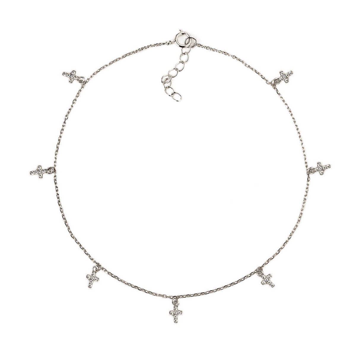 Sterling silver cross-charm anklet with pavé zirconia crosses and a spring-ring clasp, on a white background