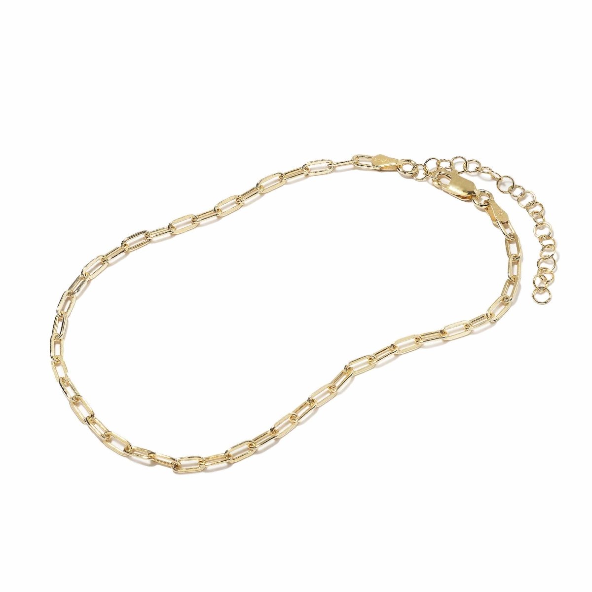 Gold vermeil thick paperclip link chain anklet with a lobster clasp, on a white background
