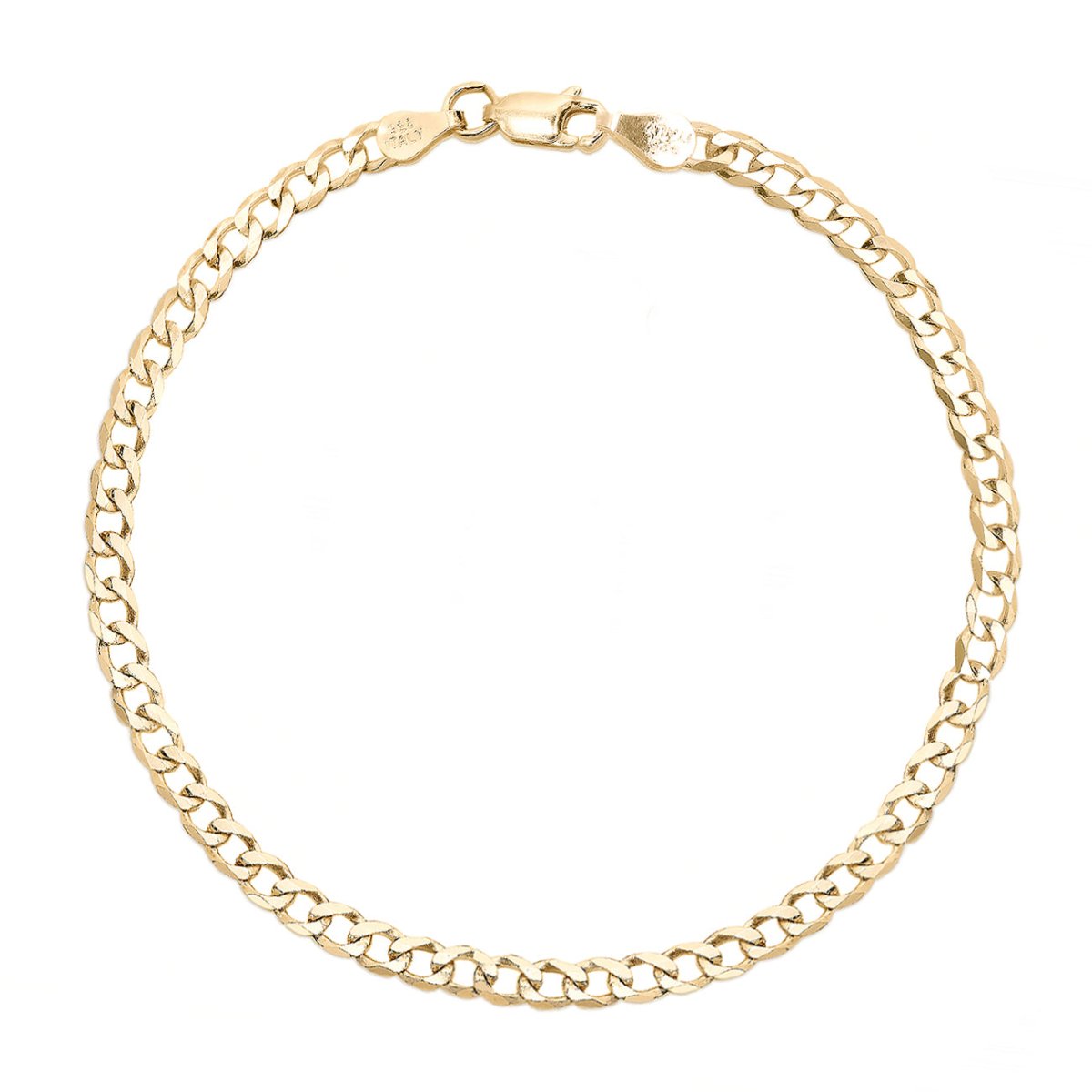 Gold vermeil Cuban curb chain anklet with a lobster clasp, laid flat on a white background