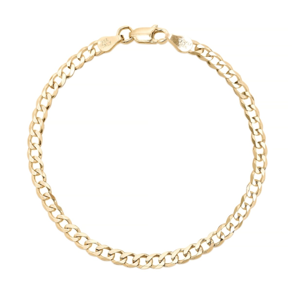 Gold vermeil Cuban curb chain bracelet with a lobster clasp, laid flat on a white background
