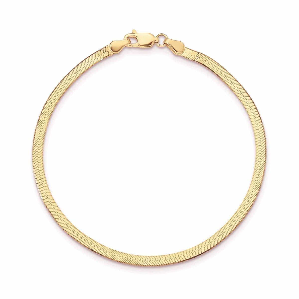 Gold vermeil flat herringbone chain bracelet with a lobster clasp, on a white background