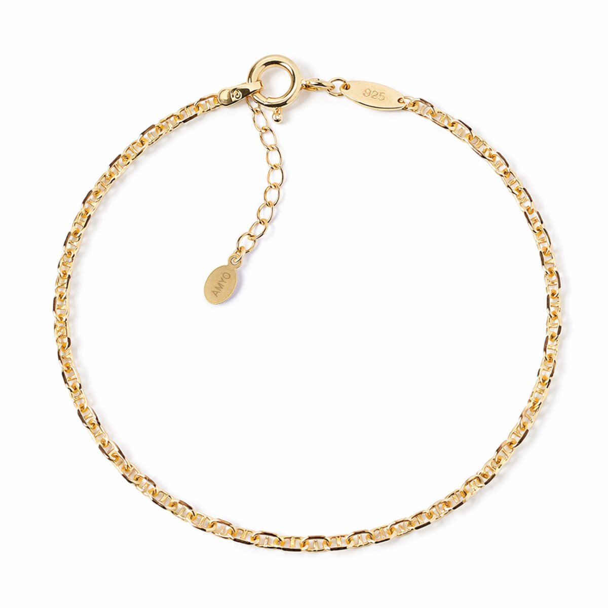 Gold vermeil Marina chain bracelet with a spring-ring clasp and extender, on a white background