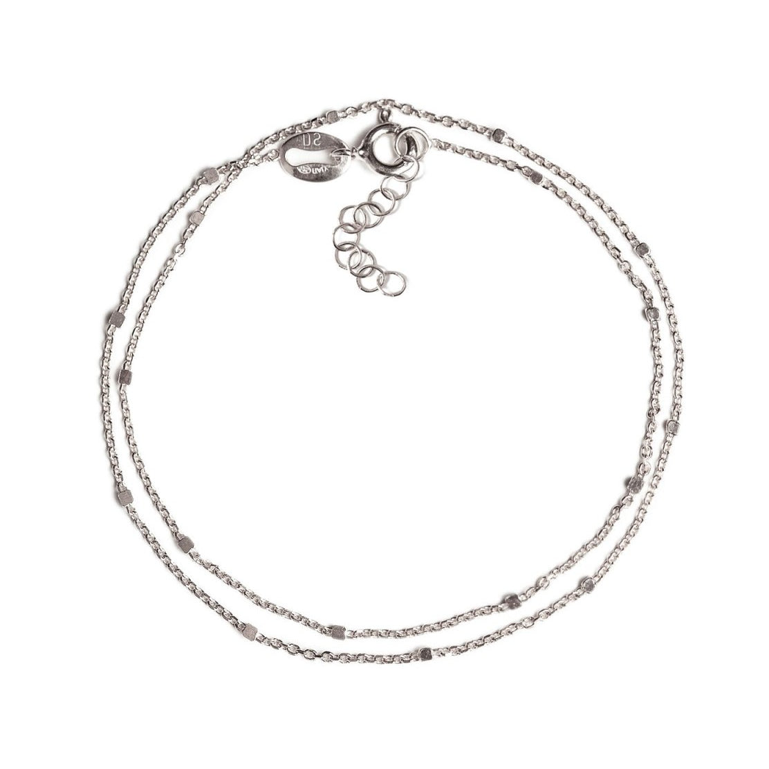 Sterling silver double-strand satellite chain bracelet with a spring-ring clasp, on a white background