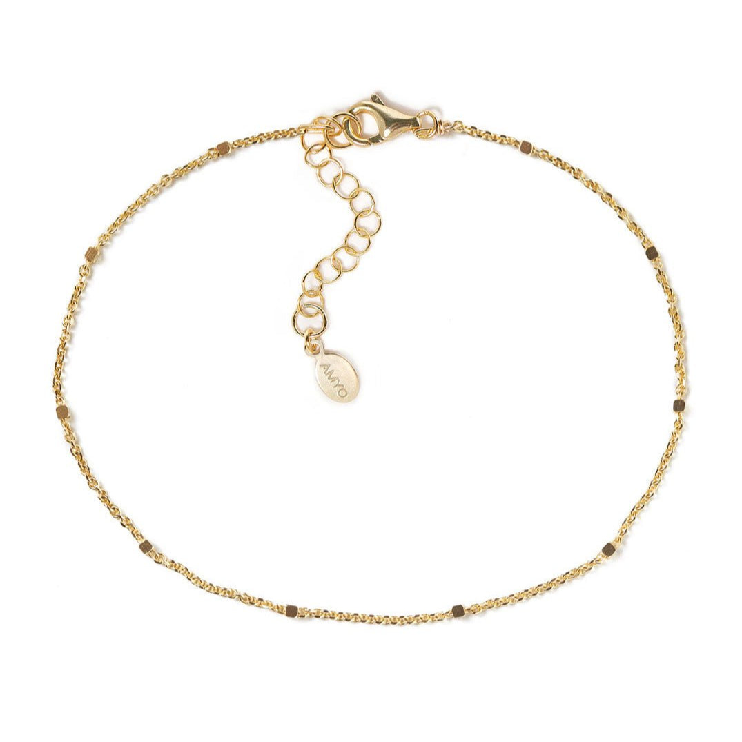Gold vermeil dainty satellite bead chain anklet with a lobster clasp, on a white background
