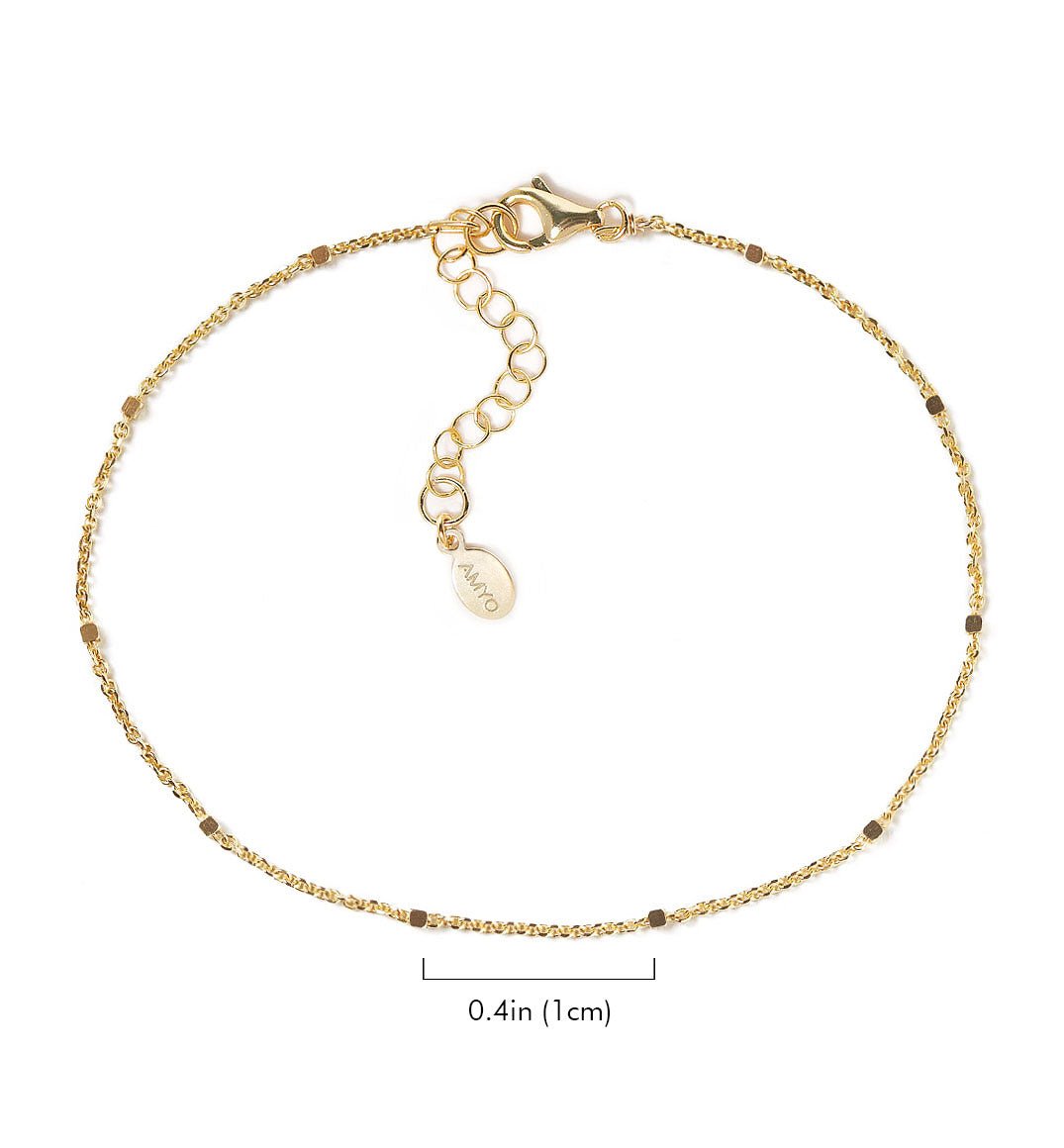 Gold vermeil dainty satellite bead bracelet with size comparison, 0.4in shown, on a white background