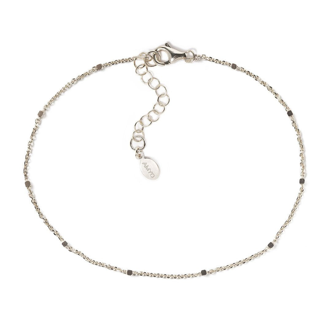 Sterling silver dainty satellite bead chain anklet with a lobster clasp, on a white background