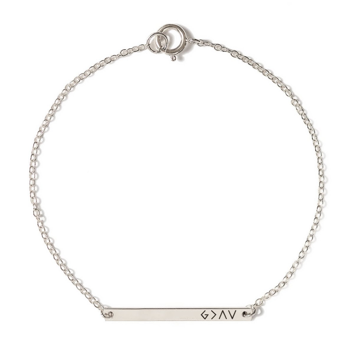 Sterling silver thin bar bracelet with a chain and spring-ring clasp, engraved with a symbol, on a white background