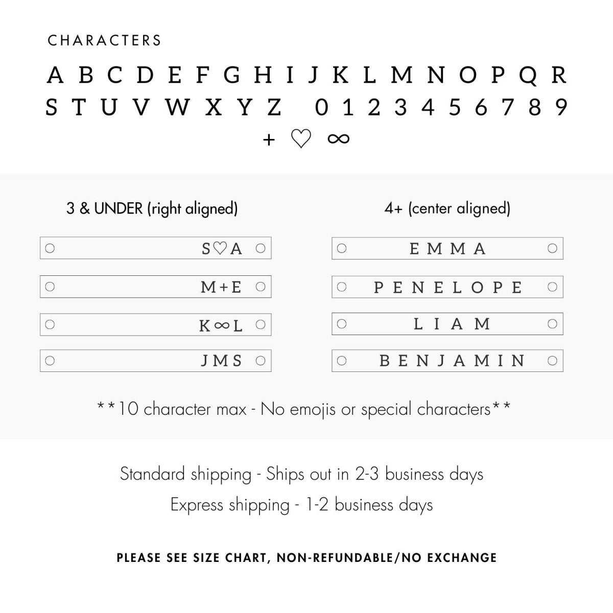 Personalization guide showing engraving characters, alignment samples, and shipping details on a cream background