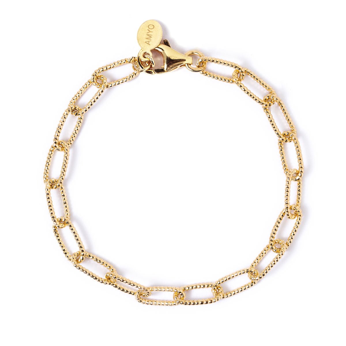 Gold vermeil chunky textured link chain bracelet with a lobster clasp, on a white background