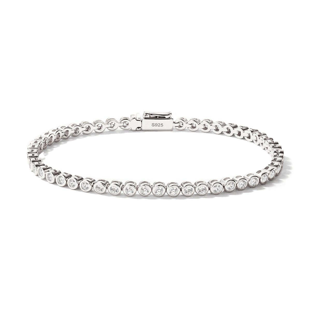 Sterling silver bezel tennis bracelet with round clear stones and a box clasp, on a white background
