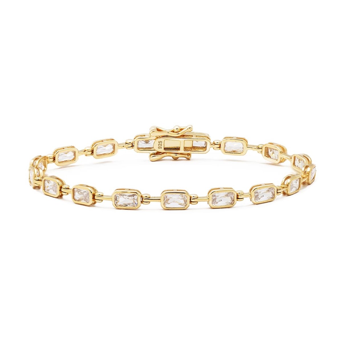 Gold vermeil tennis bracelet with bezel-set rectangular white zirconia stones and box clasp, on a white background