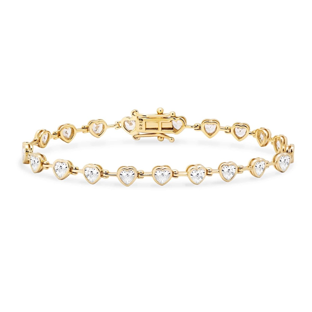 Gold vermeil tennis bracelet with bezel-set heart-shaped clear stones, on a white background