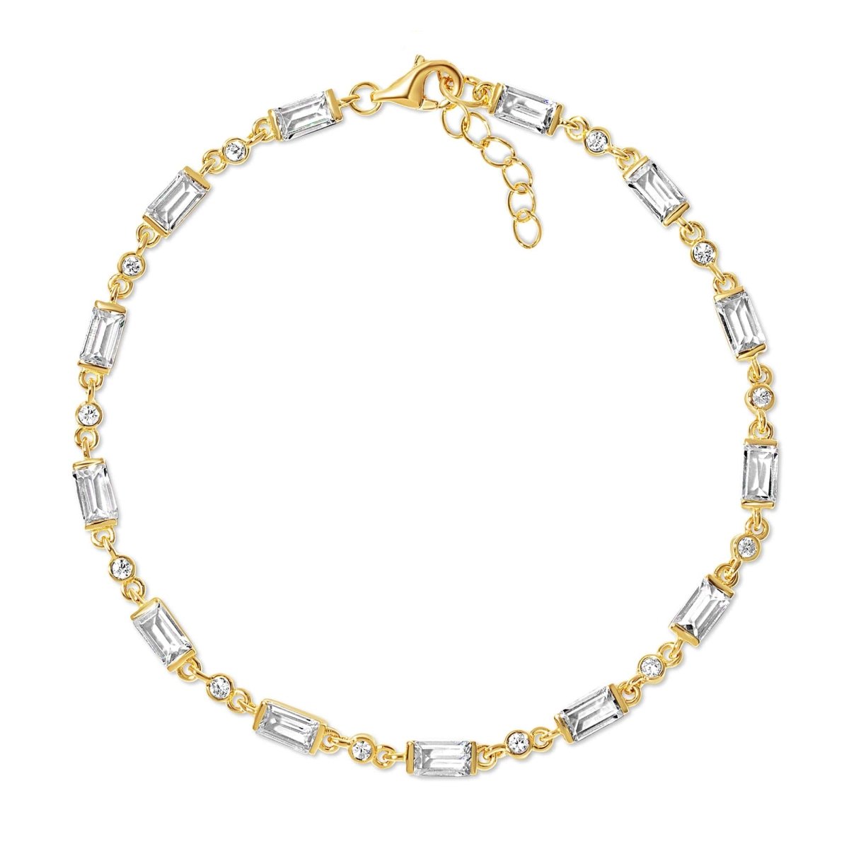Gold vermeil tennis bracelet with baguette and round white zirconia stones and a lobster clasp, on a white background