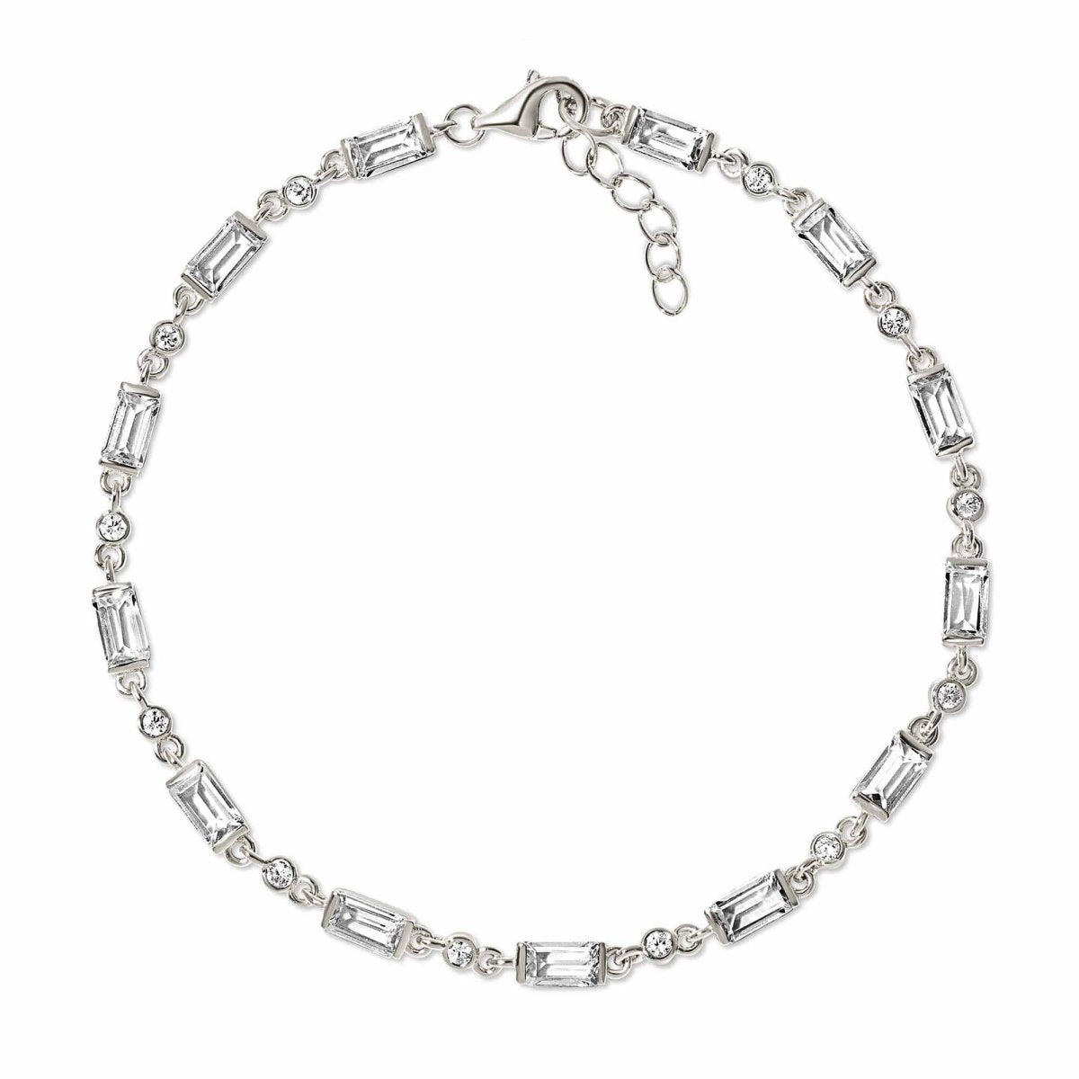 Sterling silver tennis bracelet with baguette and round white zirconia stones and a lobster clasp, on a white background